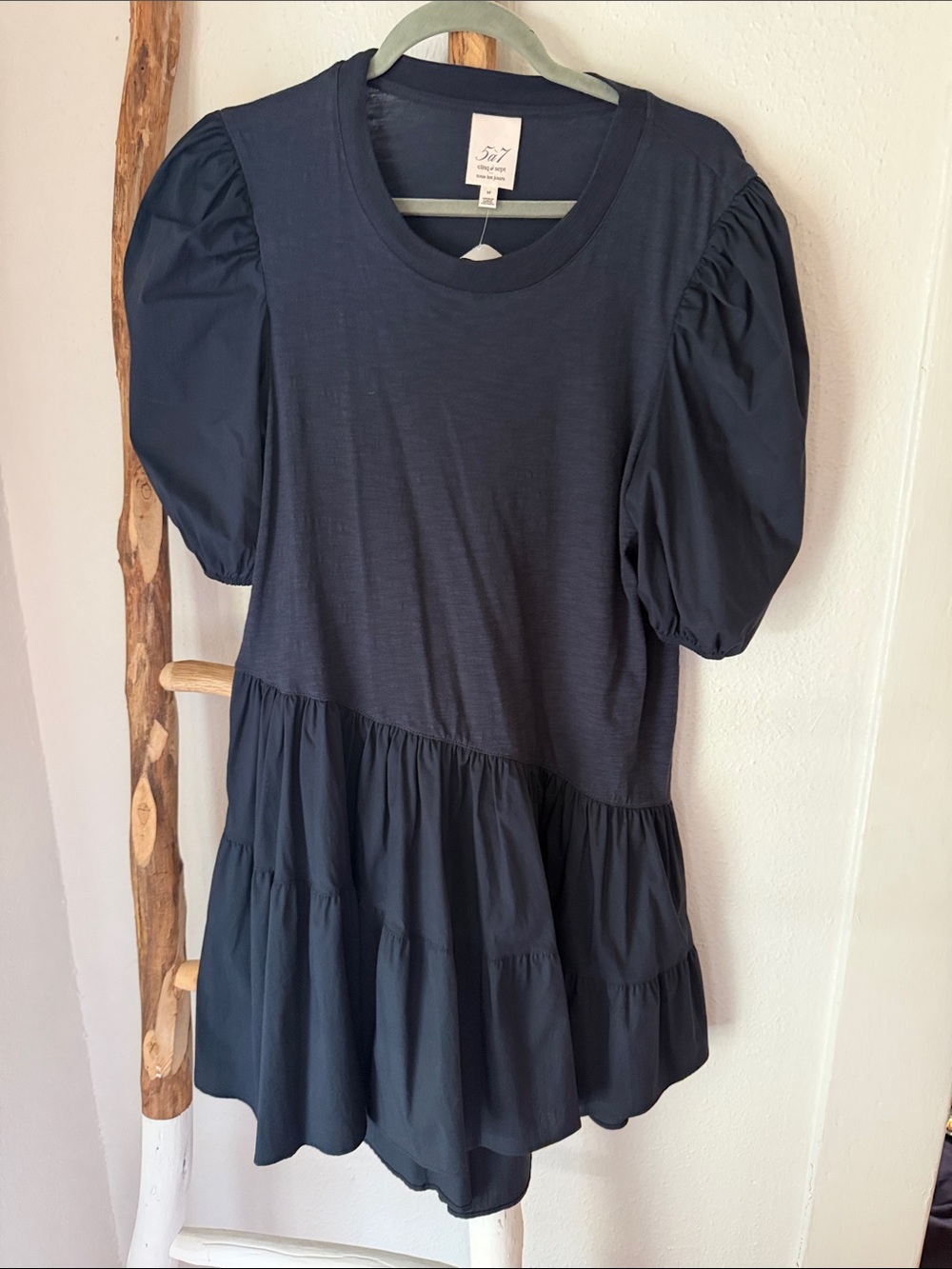 cinq à sept Navy Cotton Puff-Sleeve Tiered Mini Dress Poplin & Knit Medium NWT